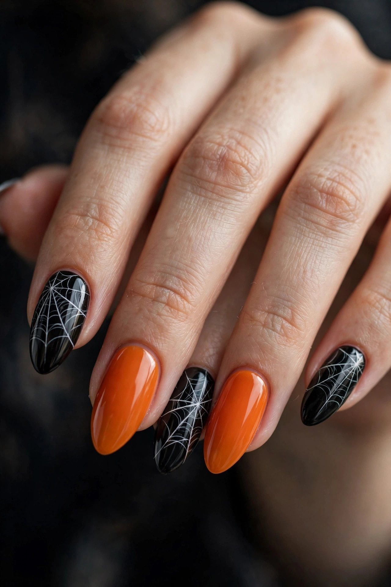 Almond-shaped black and pumpkin-orange Halloween nails with white spiderweb line art