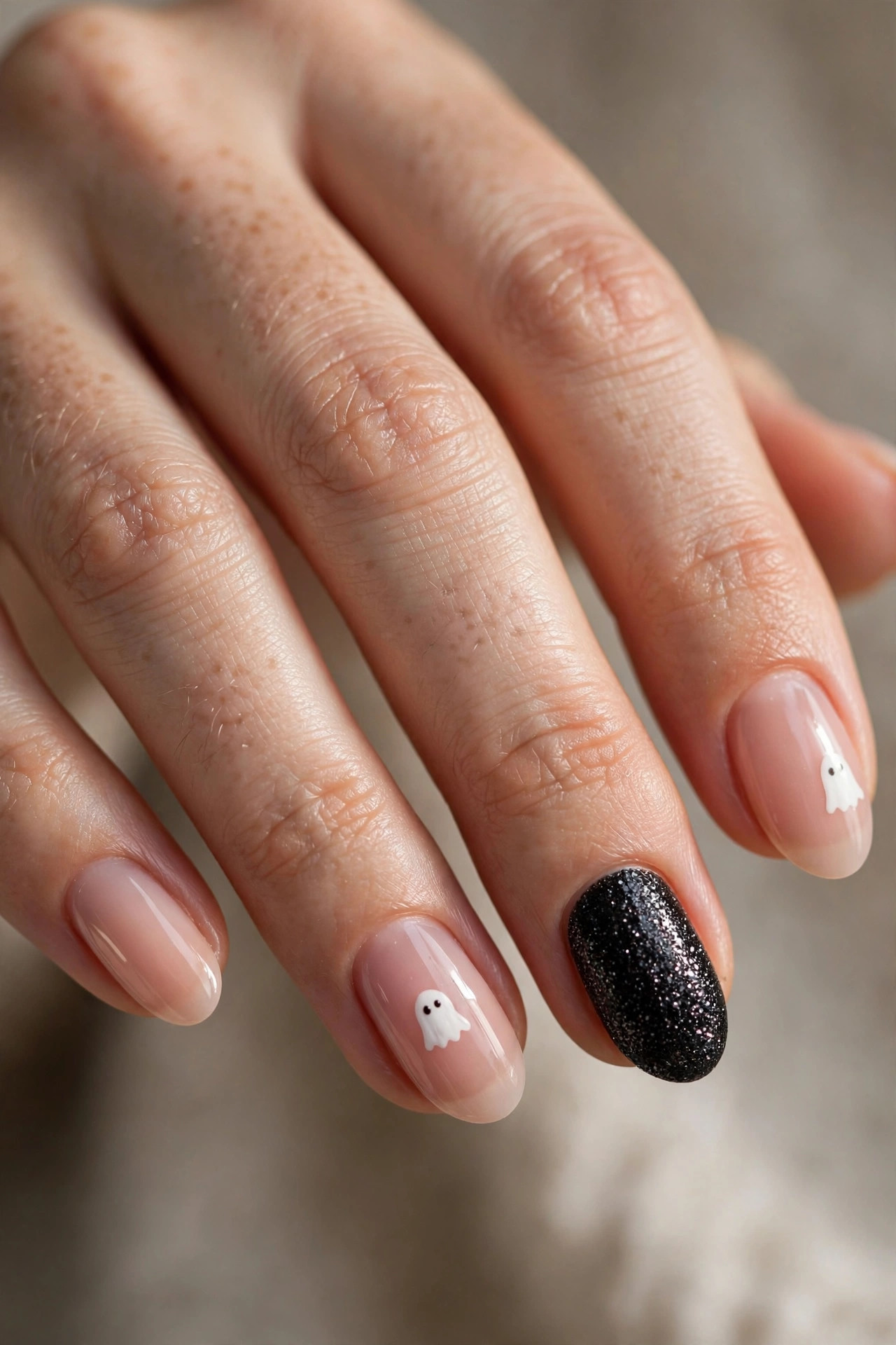 Nude pink nails with cute white hand-painted ghost designs and a black glitter accent nail