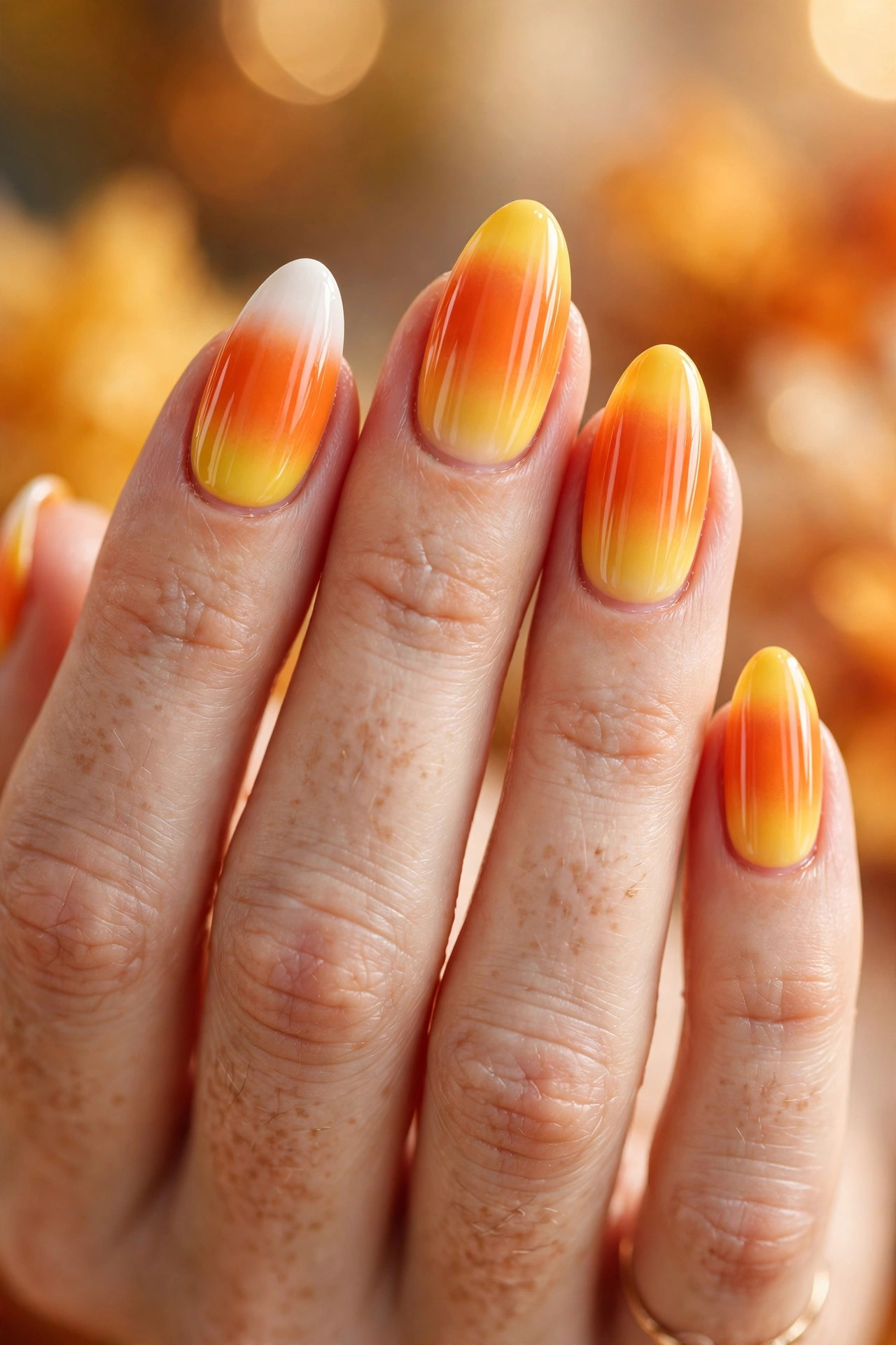 Almond nails with glossy candy corn gradient in white, orange and yellow