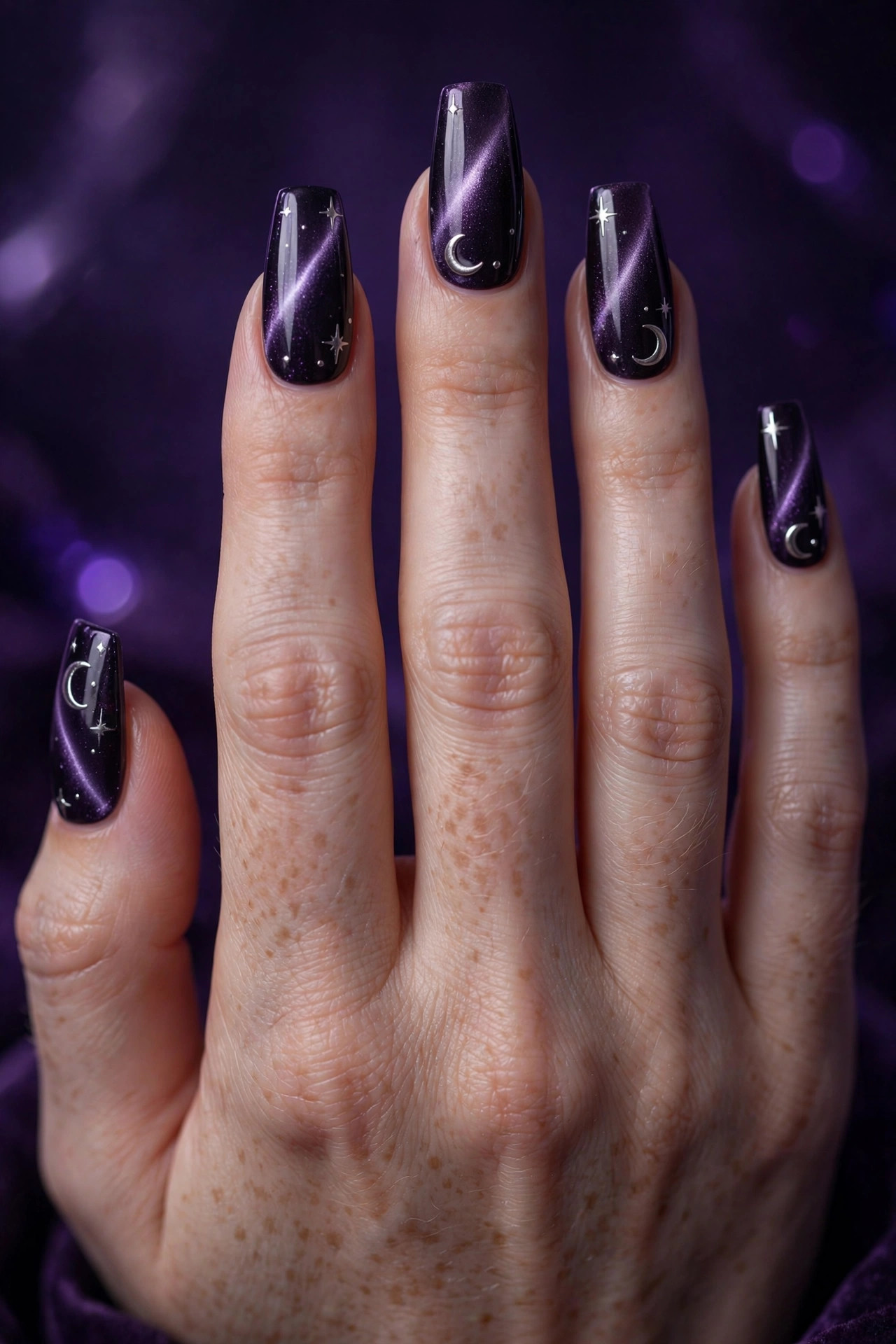 Deep purple and black cat-eye magnetic polish on coffin nails with silver moon and star details