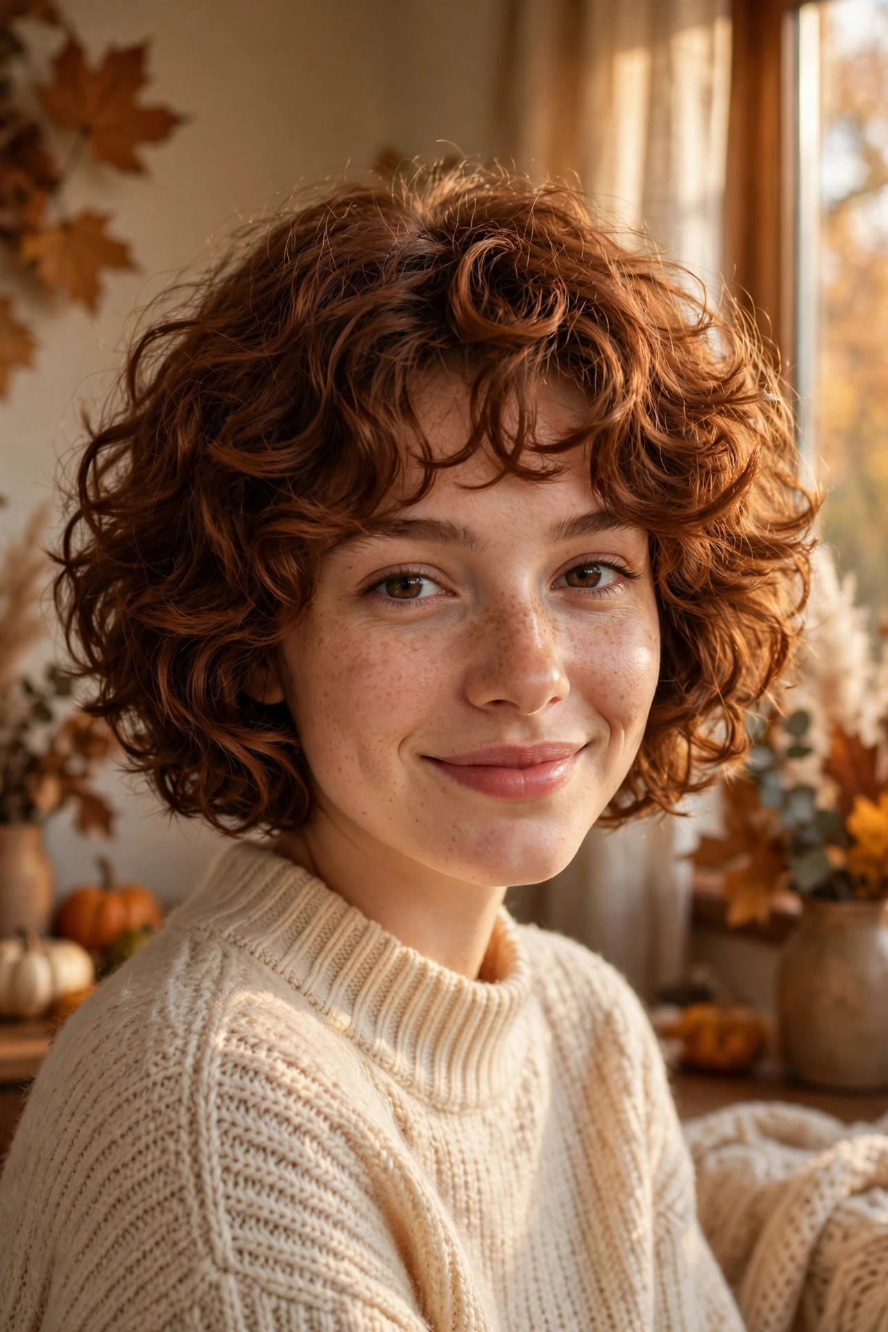 Short curly butterfly bob haircut with bouncy volume