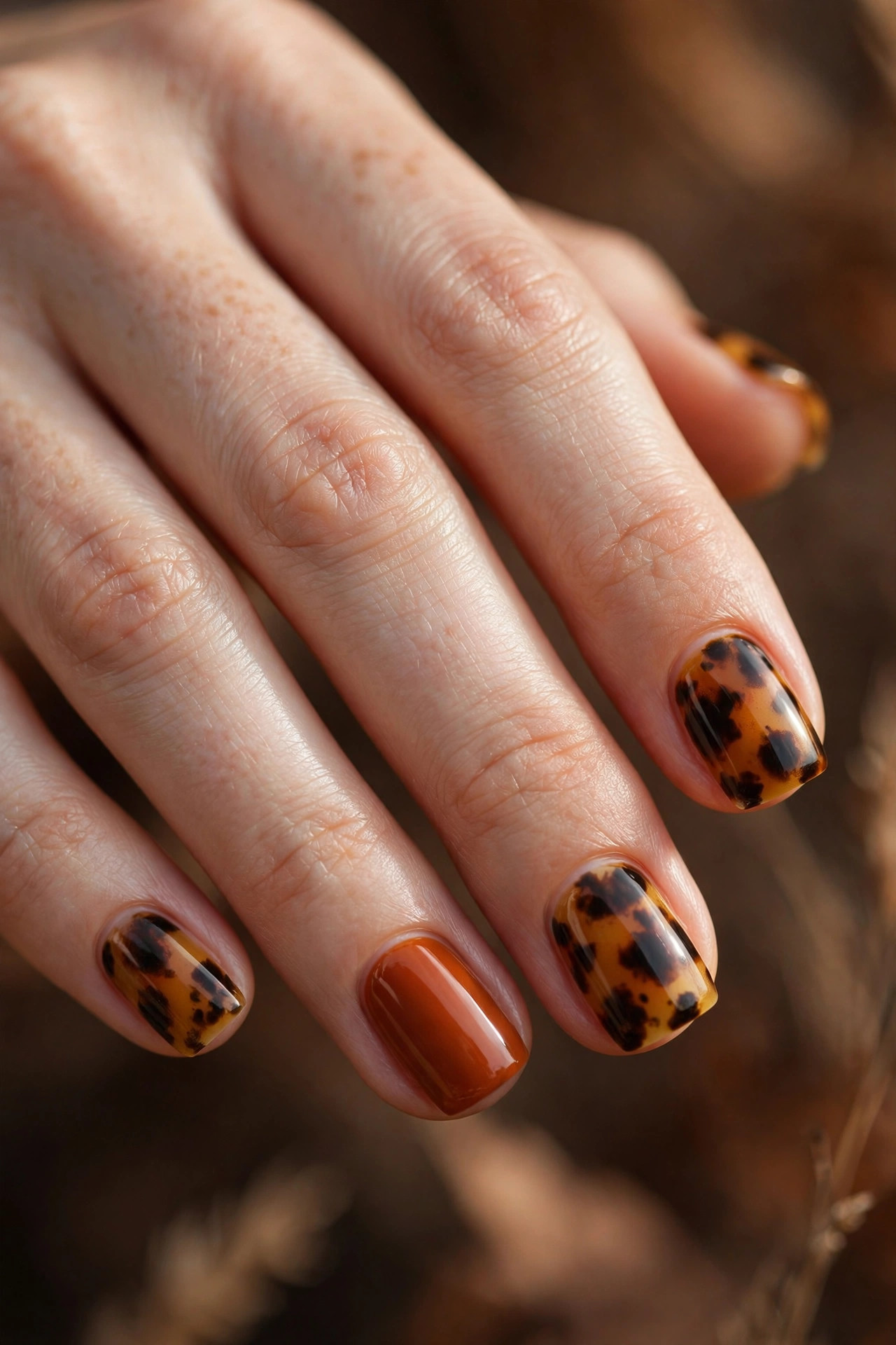 Short square tortoiseshell nails in amber, brown and black with a rust-orange accent nail