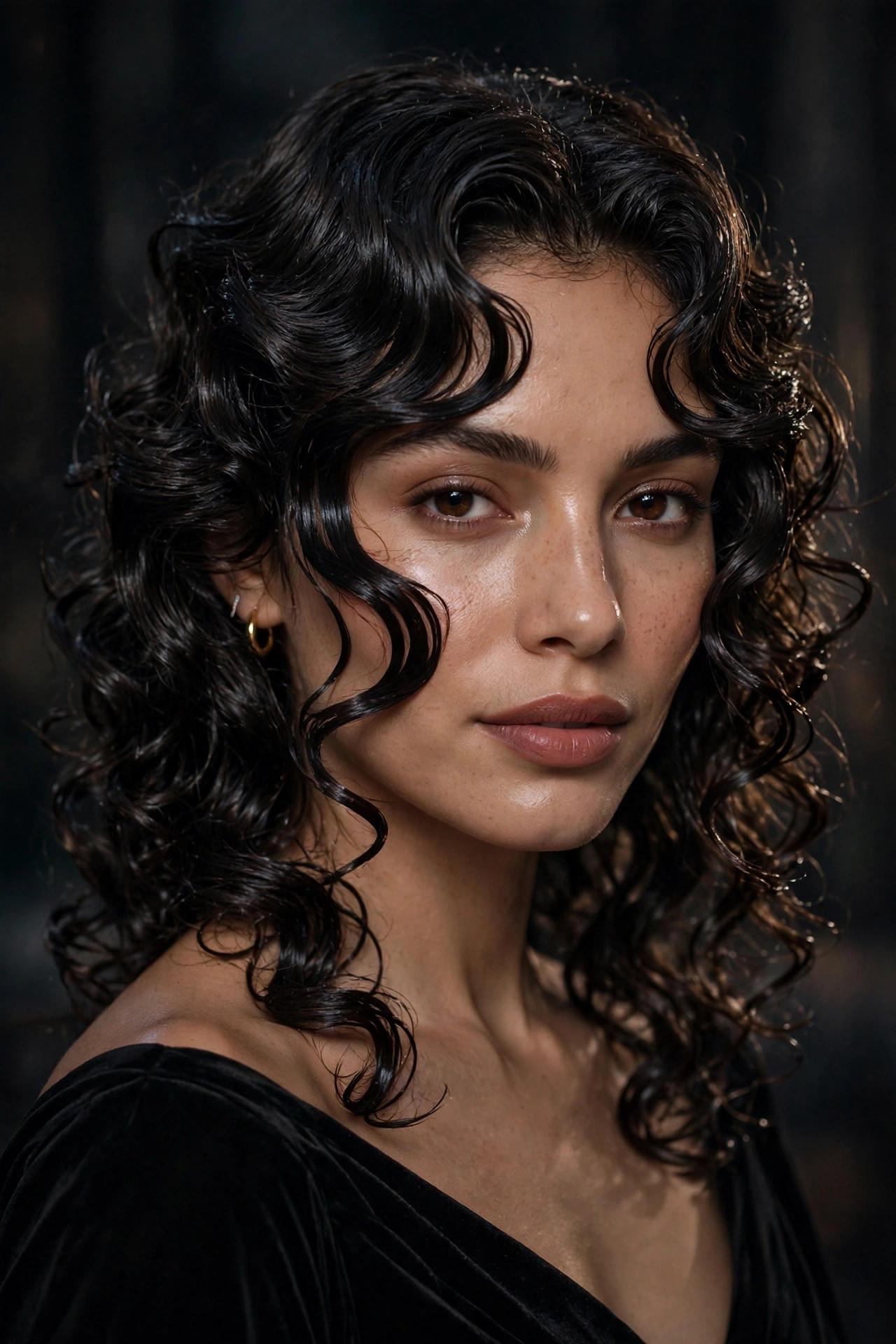 Defined wet-look curly butterfly hairstyle with glossy curls