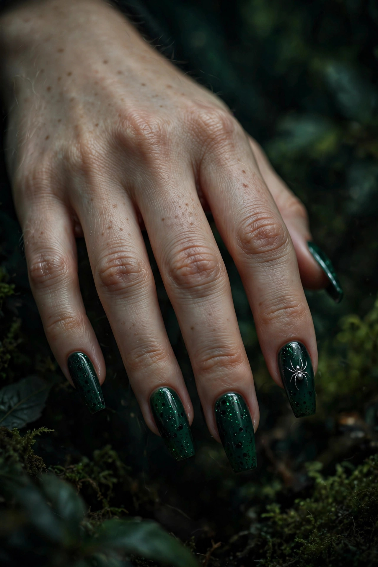 Deep emerald green coffin nails with black glitter and a tiny silver spider accent
