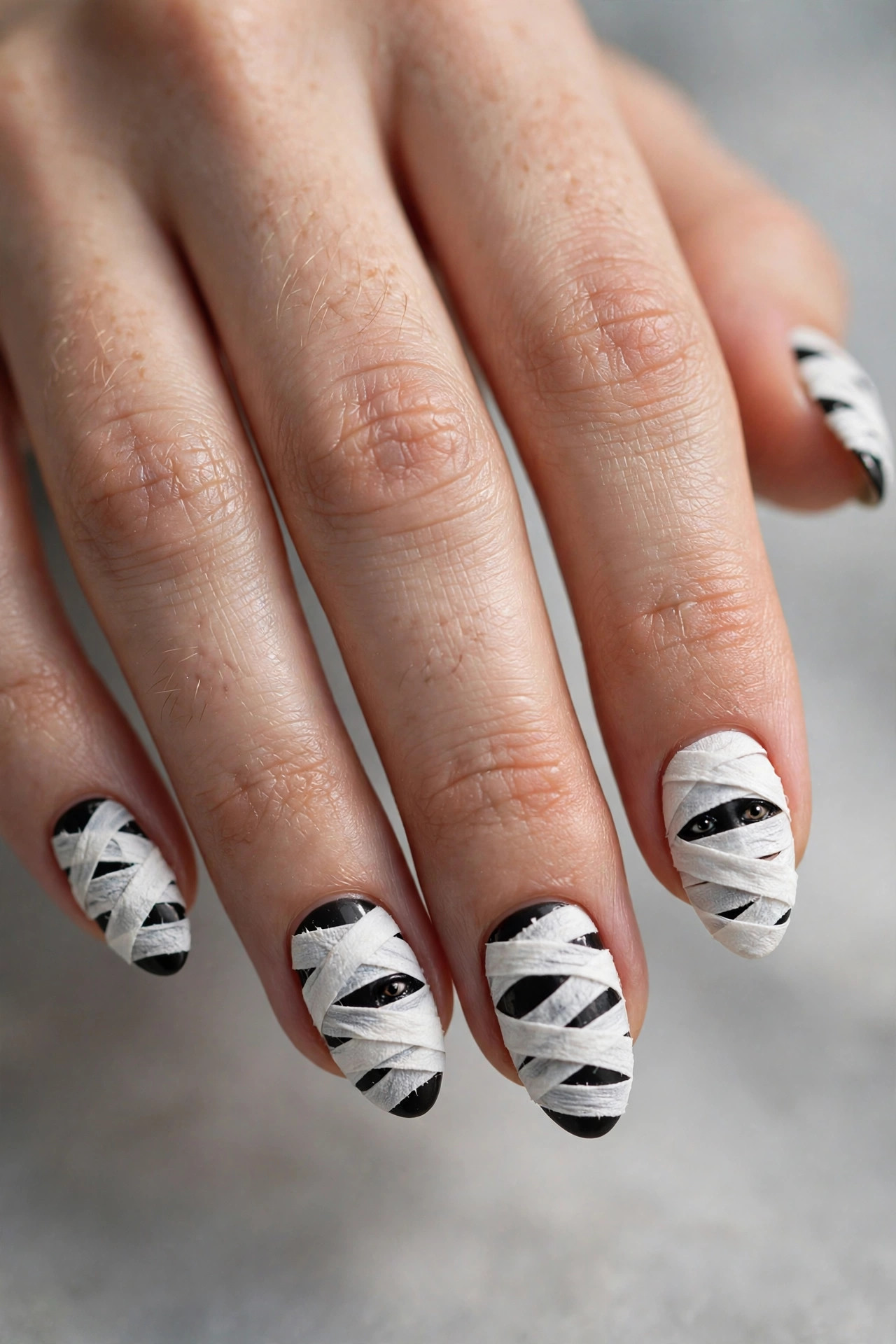 White almond nails painted like mummy bandages with black base showing through and tiny eyes