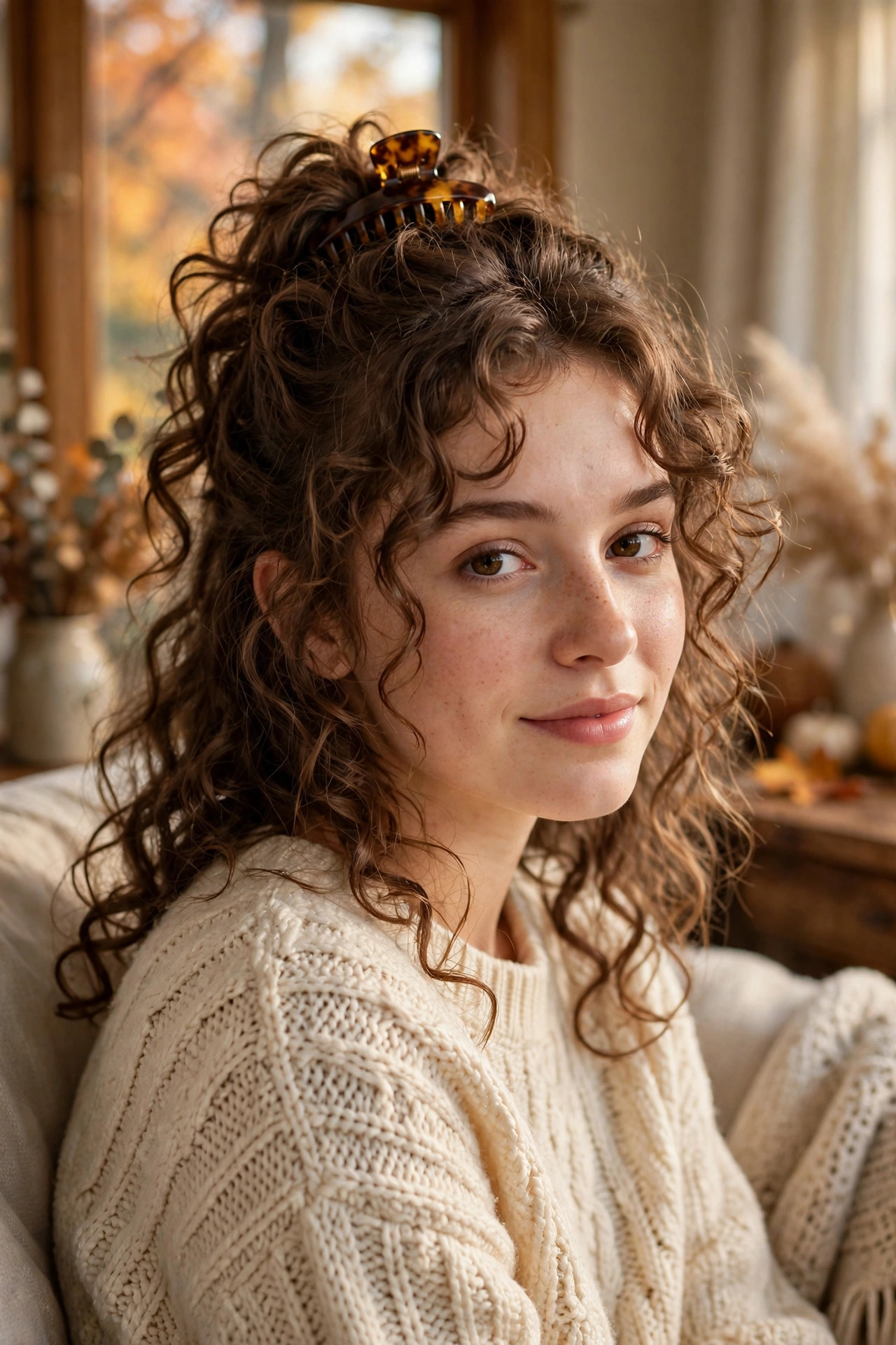 Half-up curly butterfly hairstyle secured with claw clip