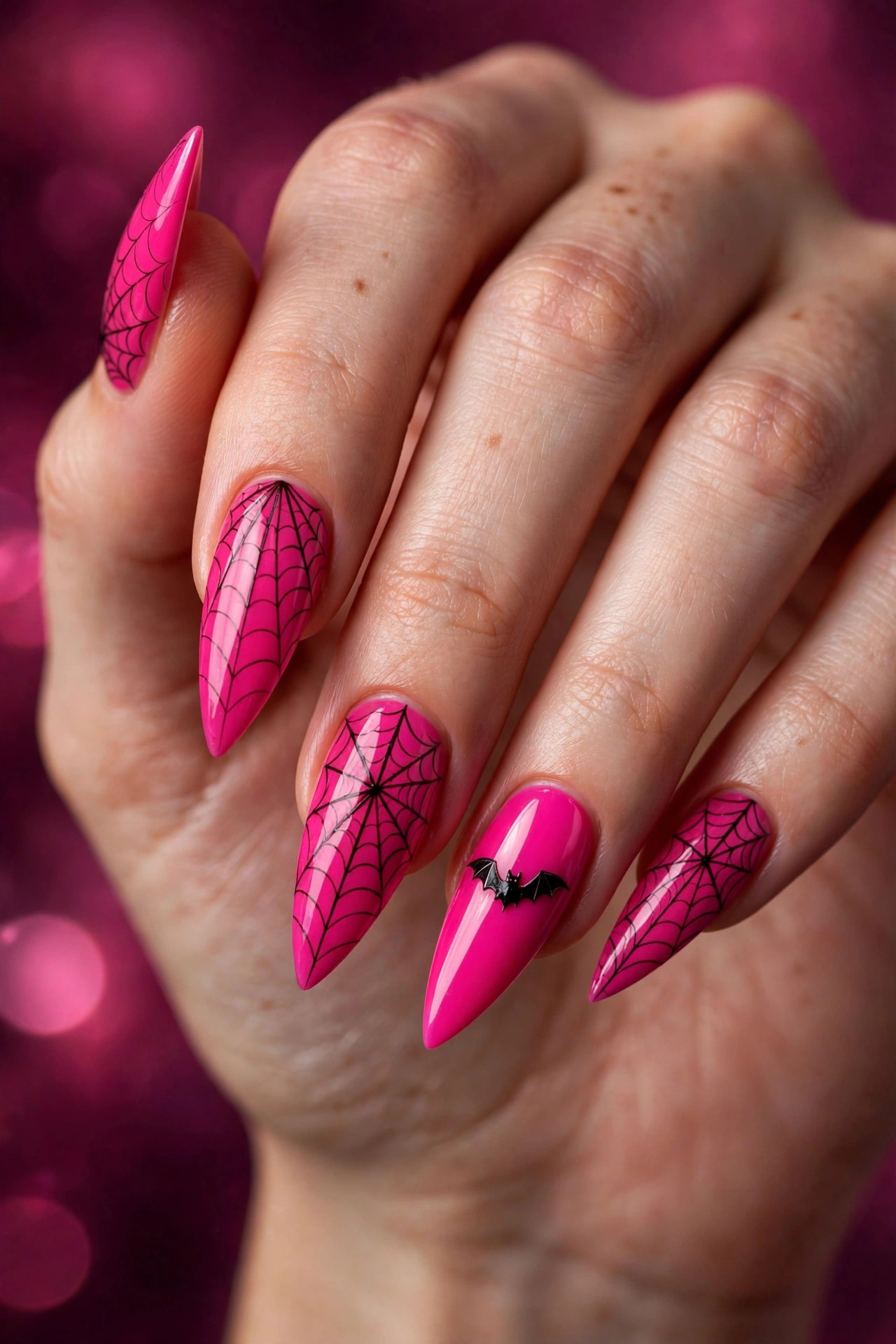 Hot pink stiletto nails with black spiderweb art and a tiny black bat accent