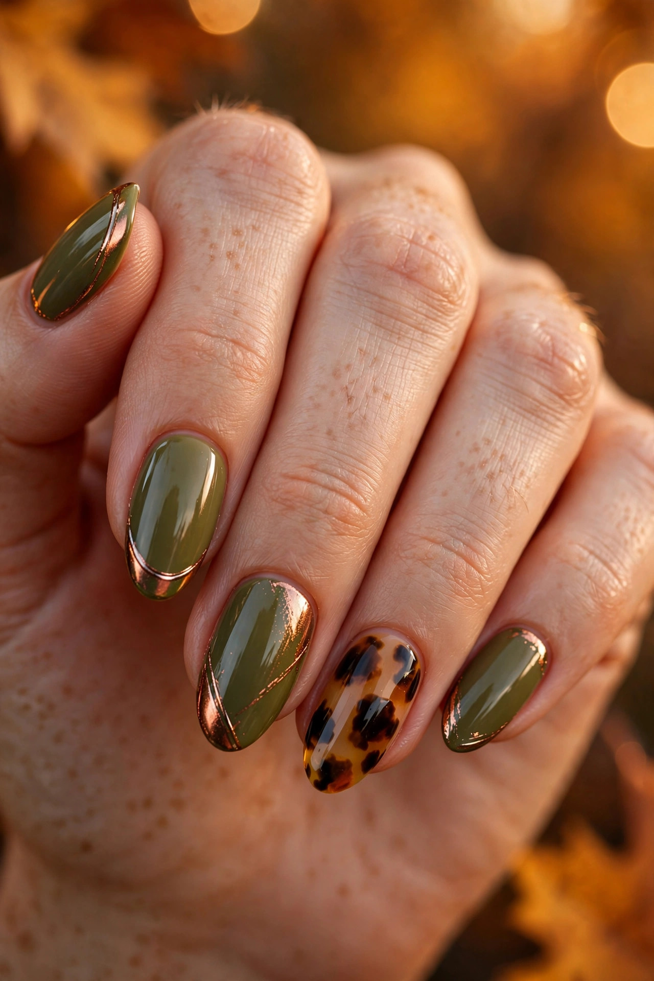 Olive green nails with metallic copper chrome accents and tortoiseshell ring finger detail