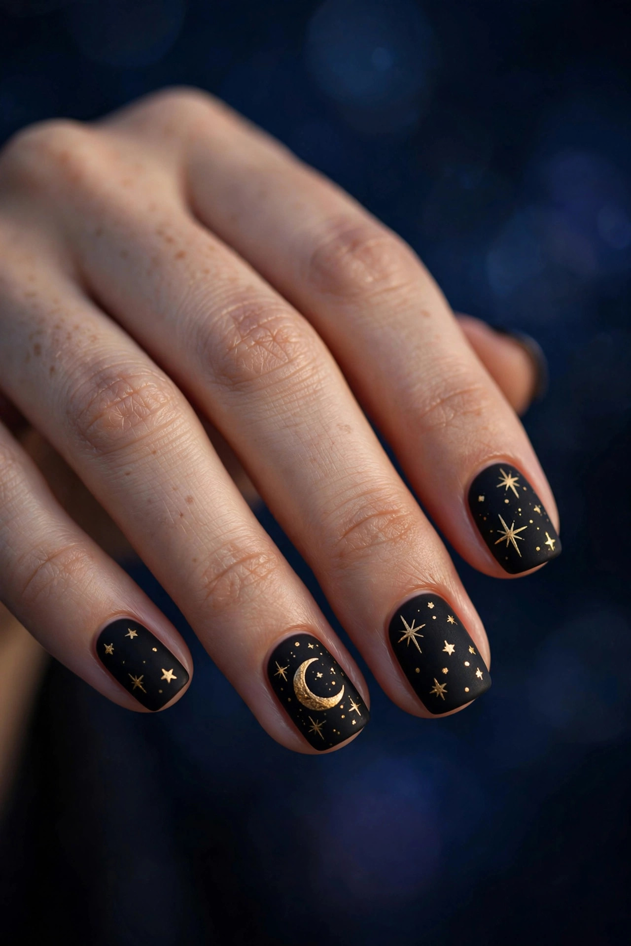 Matte black short square nails with hand-painted gold stars and crescent moon