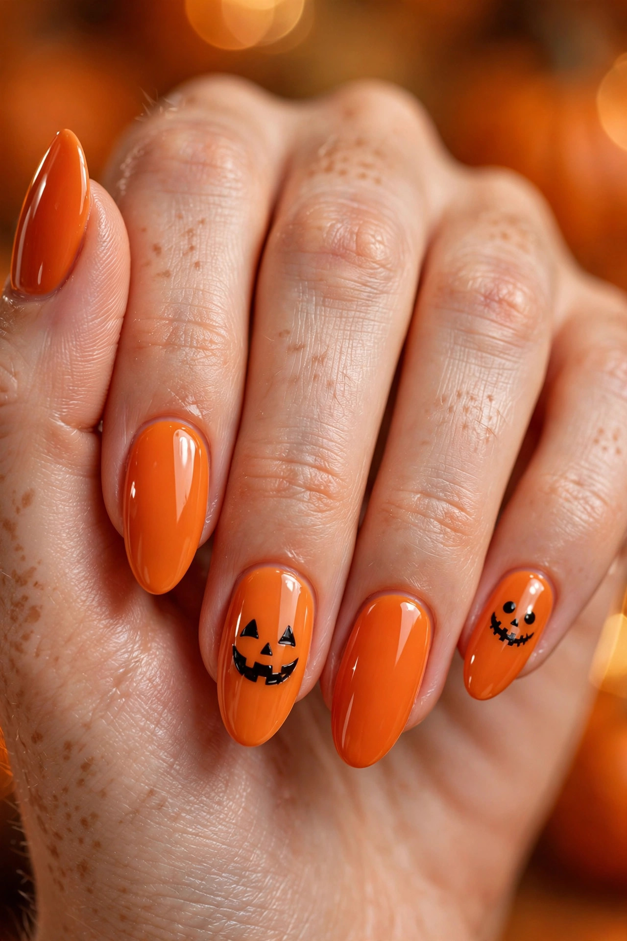 Glossy pumpkin orange almond nails with tiny black jack-o-lantern faces on accent nails
