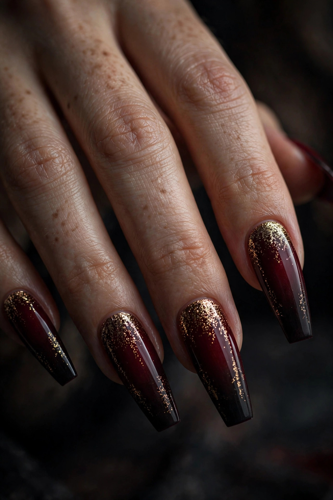 Deep burgundy to black gradient coffin nails with fine gold glitter fading from the cuticle