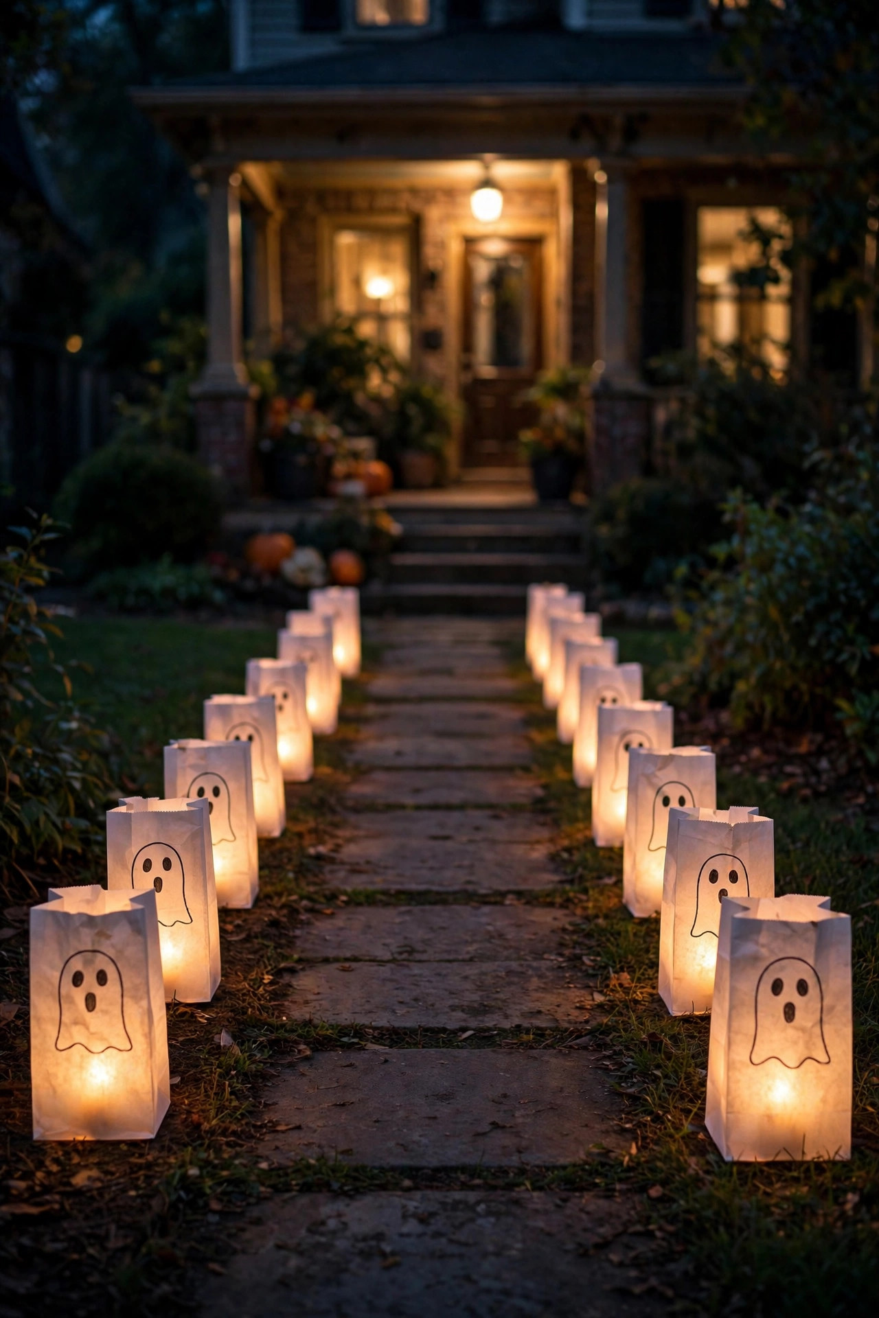 Glowing ghost luminaries lining a front walkway at night