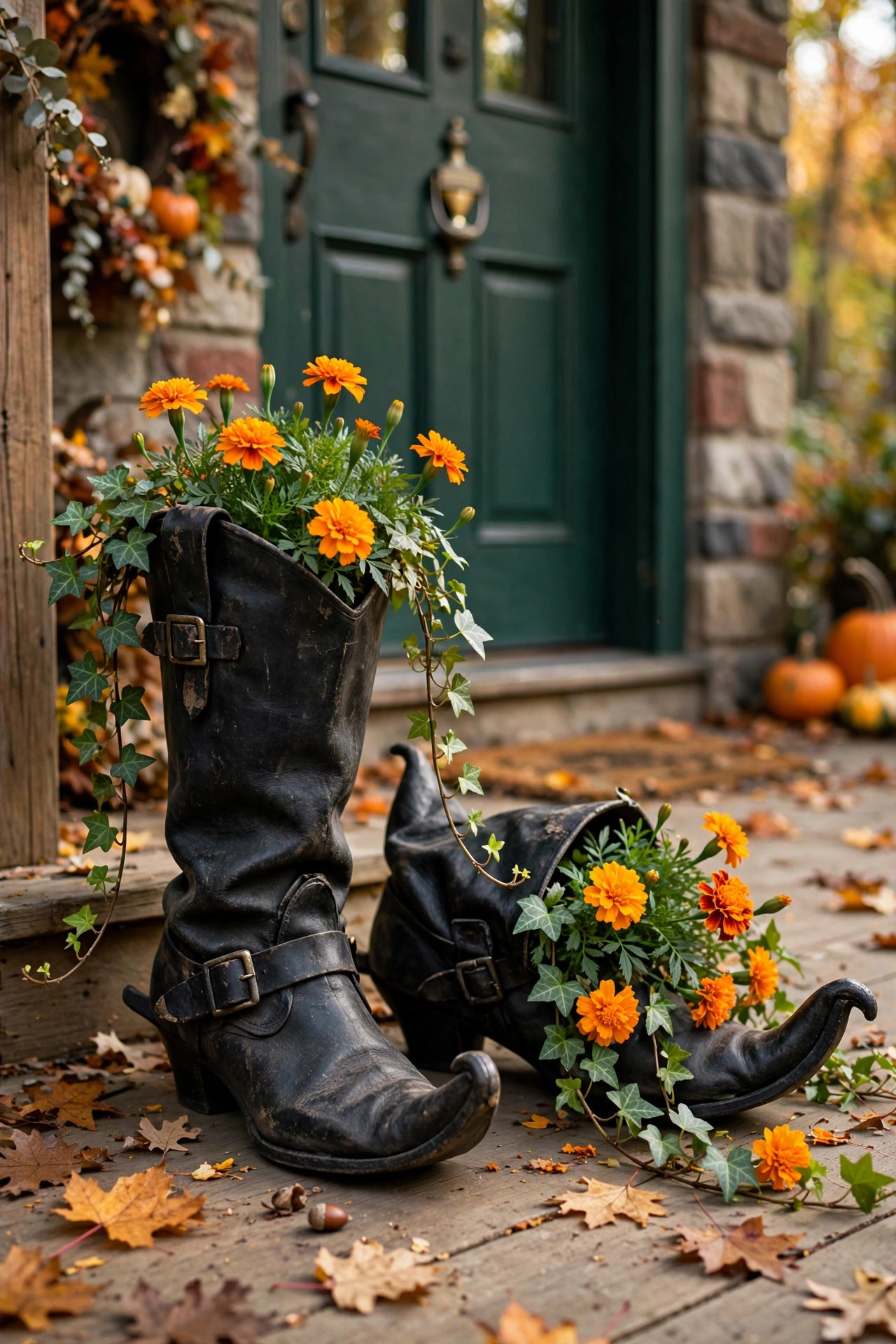 Vintage black witch boots used as planters with autumn flowers on a porch